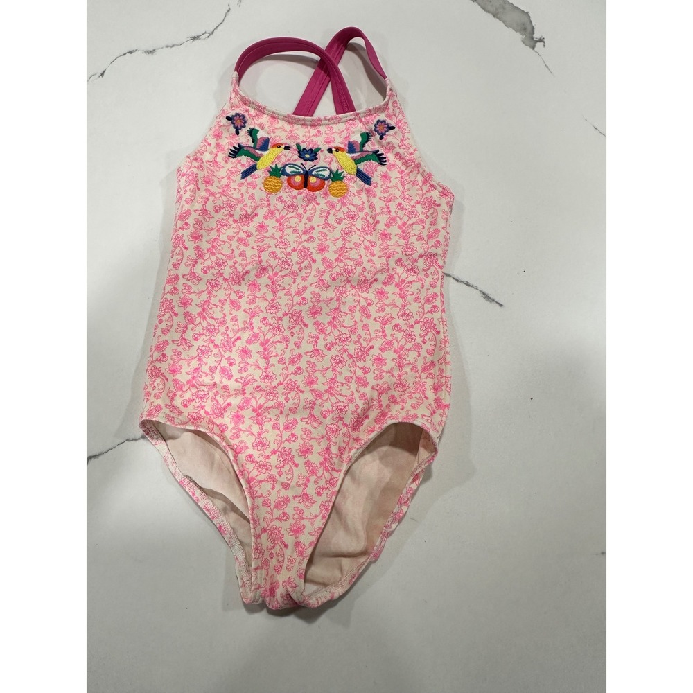Boden Girls Pink Floral Embroidered Bird Pineapple Swimsuit One Piece 4-5Y